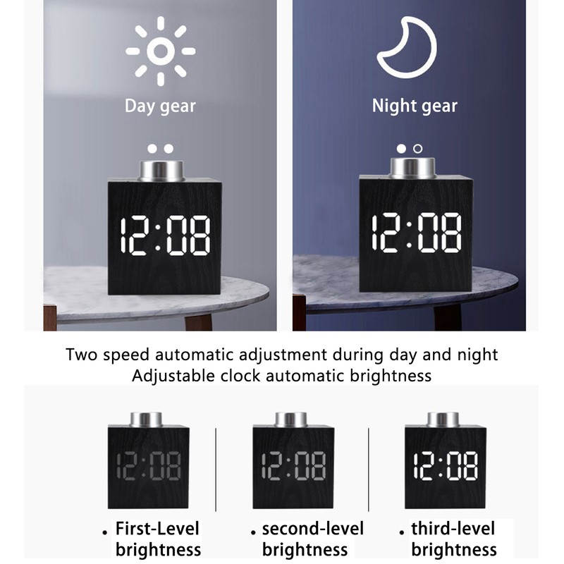 LED Knob Alarm Clock Digital Thermometer Display Imitation Wood Grain