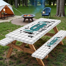 Bcsewcg Buffalo Plaid Fitted Picnic Table Cover with Bench Covers, Waterproof Elastic Edges Rectangle Patio Tablecloth, Outdoor Camping Essentials Summer Travel Supplies Party Camper Gifts, 72inch