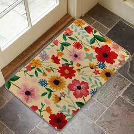 Spring Floral Decor Entrance Door Mat，17 x 30 Inch Cute Summer Wildflowers Mat Home Decoration Non-Slip Door Mat for Front Door Entance Outside Indoor Door Matst (Red)