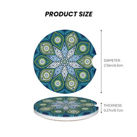 2 Pack 2.56" Car Coasters for Drinks Absorbent, Mandala Teal Ceramic Cup Holder Coaster with Fingertip Grip, Removable Cute Auto Accessories Gifts, Keep Vehicle Clean for Women & Girls