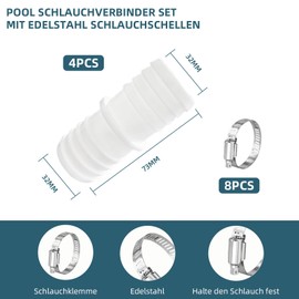 KLINNA Set of 4 Hose Connectors, 32 mm to 32 mm Diameter Set, Plastic Double Hose Nozzle, Pool Hose Adapter with Stainless Steel Hose Clamps for Connection, Pool Hose Adapter