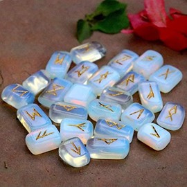 Crocon Opalite Gemstone Rune Stones Set with Elder Futhark Alphabet Engraved Symbol for Chakra Balancing runes with pouch & rune symbol brochure Size :- 20-25 mm App.