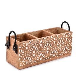 Indus Lifespace Mango Wood 3 Compartment Multi Purpose Utensil Cutlery Racks for Cutlery, Napkins, Cups Caddy Organizer (27.94cm x 10.16cm x 11.43cm)
