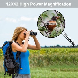 Binoculars with Clear Weak Light Vision, 12x42 Powerful Compact Professional HD Binocular with BAK4 FMC Lens for Adults Kids Bird Watching Hunting Travel Outdoor Camping