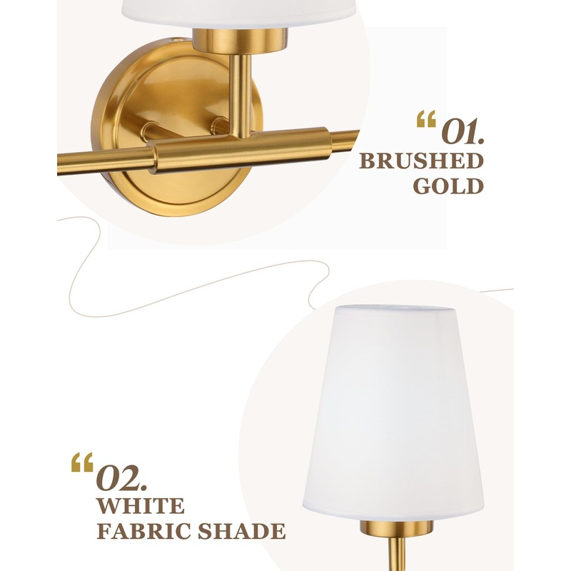 Audickic Brushed Gold Bathroom Light Fixtures with White Fabric Shades