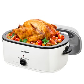 24QT Electric Roaster Oven, Electric Turkey Roaster with Viewing & Self-basting Lid, Stainless Steel Turkey Roaster Oven, White
