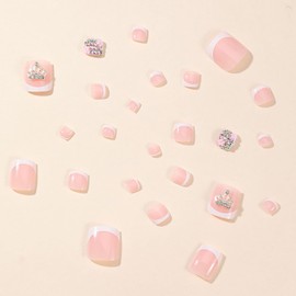 24Pcs Short Press on Toenails French Tip Fake Toe Nails Square Shape False Toenails with Crown Rhinestone Flower Designs Glue on Toenails Cute Full Cover Acrylic Toenails for Women and Girls