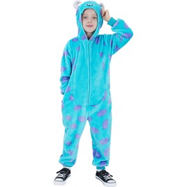 Wizland Blue Monster Costume Jumpsuit for Kid Flanne Fun Costume for Boys Girls Long Sleeve Animal Onesie with Tail 8-10