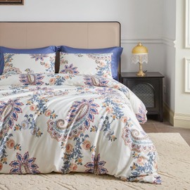 YuHeGuoJi Damask Flower Duvet Cover Queen 100% Egyptian Cotton Blue White Paisley Duvet Cover 3 Pcs Set 1 Boho Floral Duvet Cover with Zipper Ties 2 Pillowcases Blue Botanical Bedding Set