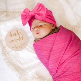 DRESHOW BQUBO Baby Swaddle Blankets for Girls, 4PCS Newborn Accessories Set with Matching Hat and Bow Headband with Hello World Wooden Birth Announcement Card