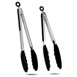 2-Pack of 9" (Small) & 12" (Large) Kitchen Tongs Set: Non-Stick Silicone-Stainless Steel Cooking Tongs, BPA Free, Heat Resistant (480°F) - Non-Slip Grip & Locking Metal Food Tongs (Black)