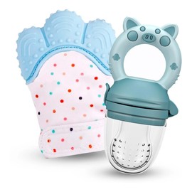 Chupón De Frutas y Papillas + Guante Mordedera, Membrana Sonora, Relieve Estimulante para Bebé, Libre BPA, 3m+ (Chupón Pig Azul + Guante Azul)