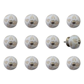 Homeroots Set of Twelve Beige And White Floral Ceramic Drawer Pull Knobs