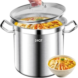 Large Stock Pot - 24QT Stainless Steel Stockpot with Lid, Heavy Duty Tri-Ply Bottom Commercial Grade Soup Pot for Cooking Soup, Stew, Pasta, Oven, Gas, Ceramic, Dishwasher Safe