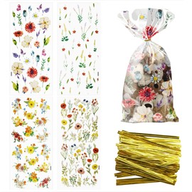 100Pcs Wildflower Party Cellophane Treat Bags Plastic Floral Candy Cookie Packing Clear Goody Gift Bags Favor Decorations 4 Design with 100 Ties for Birthday Baby Shower Tea Party Supplies