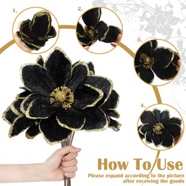 Thiccywoov 8 Pcs Large Christmas Flower Magnolia Flowers Christmas Tree Decoration Artificial Poinsettia Stems Velvet Xmas Ornaments for Xmas Tree Table Decor(Black,12 Inch)
