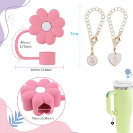 Bogoro 10 Stück Blume Silikon Strohhalm Abdeckung und Becherkette,Bunte Strohhalm-Abdeckungen Silikon,Und Becherkette mit Monogrammiertem S Passend Wiederverwendbare Trinkhalmdeckel