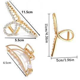 Pack of 3 Large Hair Clips for Women Hair Clip Non-Slip Gold-Coloured Hair Clip with Rhinestones Hair Clip Gold Thick Hair Accessories Women Large for Women and Girls