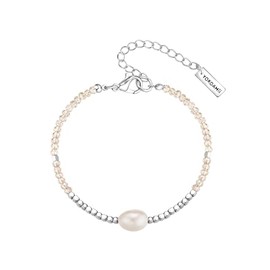 Yokoamii Women's Bracelet Metal Alloy Silver Look with Baroque Freshwater Cultured Pearl Approx. 6.5-7.0 mm White Glass Pink, One size, Metal, No Gemstone