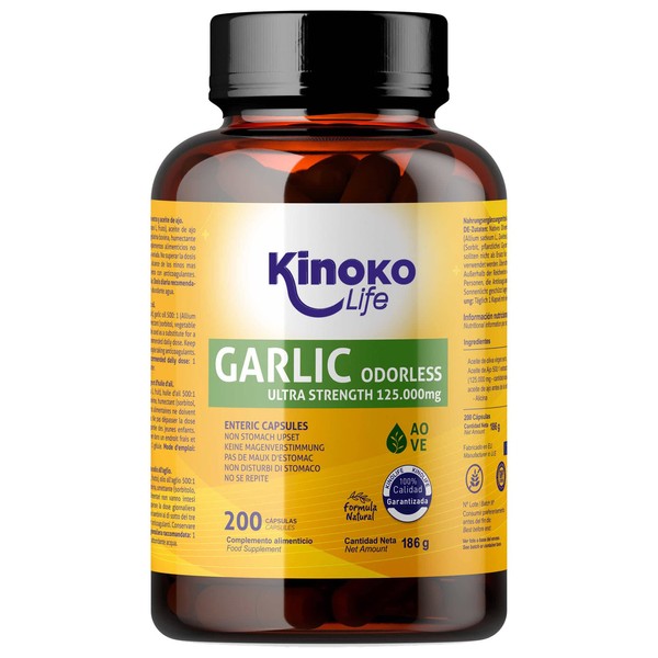 Garlic 125,000 mg (extract 500:1), 200 capsules, no backflow, no odour, with virgin olive oil, high concentration, with 2,500 μg Allicin, gluten-free, non-GMO, soy-free