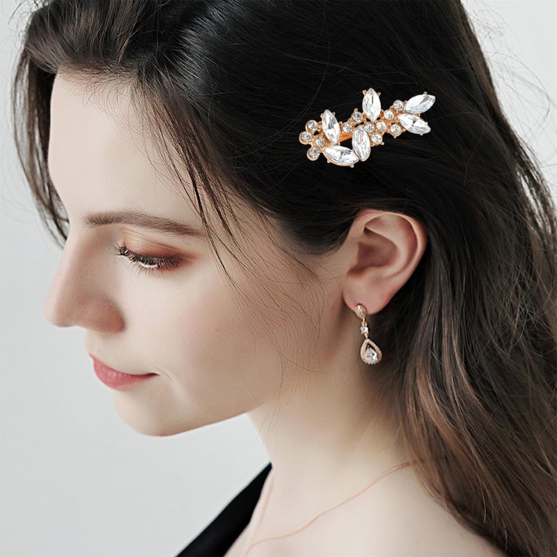 Rhinestone Bridal Hair Clip - 2Pcs Glitter Rhinestone Leaf Wedding
