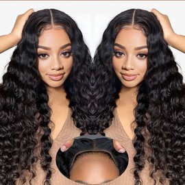 Tuziyi Deep Wave Lace Front Wigs Human Hair Glueless Wear and Go 30Inch Loose Deep Wave Wig 7x5 Black Wig Human Hair 220 Density Curly Wigs for Black Women