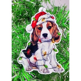 Beagle Dog Ornament with in Santa Hat and Christmas Lights (B133)