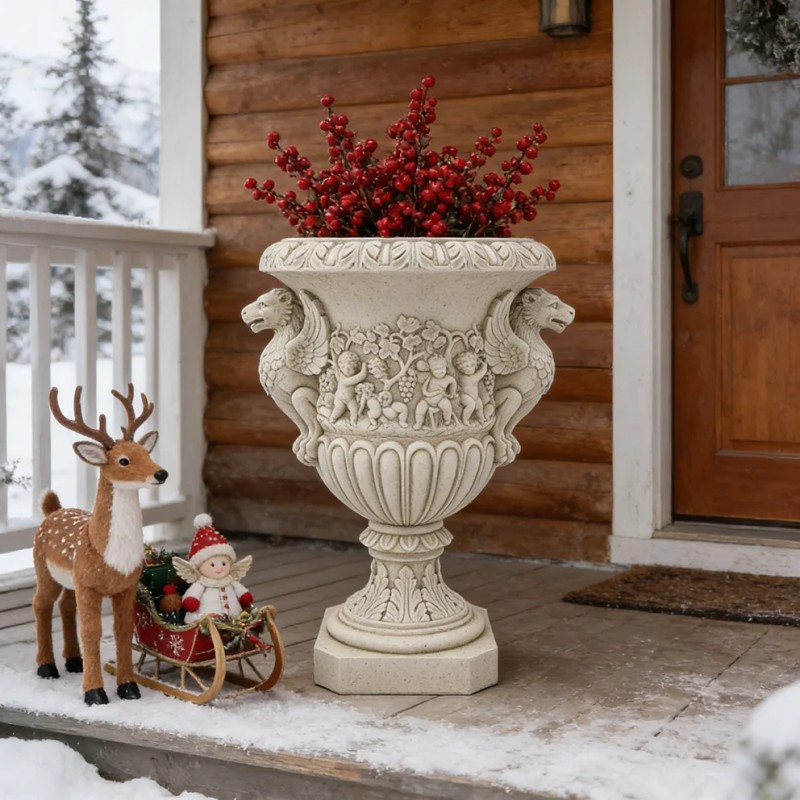 Griffin & Cherub Resin Urn Planter - Stone-Effect Finish, Renaissance
