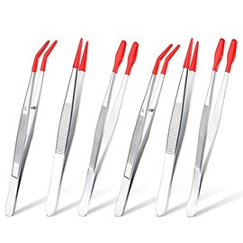 6 Pcs Tweezers with Rubber Tips Set Soft PVC Rubber Coated Tips Bent and Straight Flat Tip Tweezers Precision Bent Long Tweezers for Crafts Beads Jewelry Stamps Industrial Hobby, Red