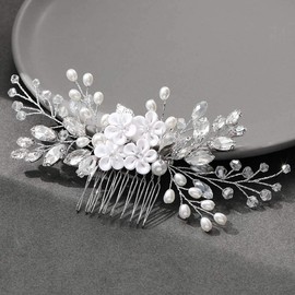 Ushiny Flower Bridal Wedding Hair Comb Silver Crystal Headpiece Pearls Bridal Hair Accessories for Women and Girls
