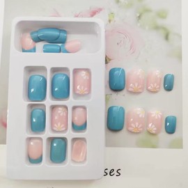 24 Pcs Short Press on Nails Square White Flower Design False Nails with Glue Blue French Tip Nails Acrylic Glossy Fake Nails Reusable Stick on Nails for Women and Girls