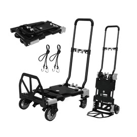 2-in-1 Folding Hand Truck – 330LB Heavy-Duty Dolly Cart with 2 Swivel Wheels with Brakes, 2 Large Rubber Wheels, Retractable Handle, Includes 2 Bungee Cords for Moving, Shopping, Office Use (Grey)