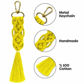 FiveStars+ Macrame Keychains Boho Macrame Bag Charms with Tassels Handcrafted Accessory for Car Key Purse Phone Supplies Multicolor (Yellow)