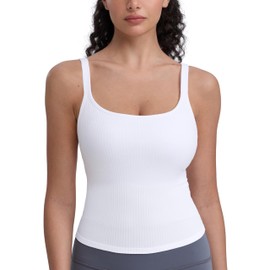 CRZ YOGA Seamless Womens U Neck Longline Sports Bra - Thin Strap Padded Workout Crop Tank Ribbed Open Back Yoga Camisole Top White Small