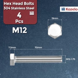 Kozelo 4 Pcs Hex Head Screws Bolts - [M12-1.75x70] 304 Stainless Steel Grade A2-70 Fully Threaded Hex Tap Metric Hexagon Head Machine Bolts Right Hand External Hex Drive, Silver