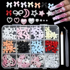 ONPRESS 12 Grids 8 Colors 3D Nail Charms Mix Pink White Star Heart Moon Cute Nail Jewels for DIY Decoration Colorful Pearl Moon Bows Nail Art Charm for Nail Manicure Crafts Nail Rhinestone Diamonds