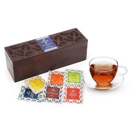 Octavius, Assorted Tea Sampler Gift Set (6 Flavors, 60 Tea Bags) | Black & Green Tea Sampler Pack | Leaf Cut Design Wooden Tea Gift Set | Pack of 1