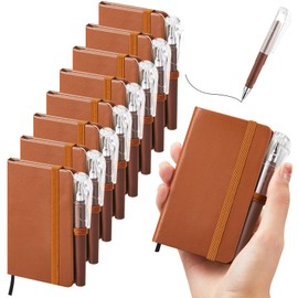 Qeeenar 16 Piece 8 Leather Notebooks and 8 Pens Leather Notebook Pocket Mini Pocket Notebook Journal 4.3 x 2.5 Inch Mini Pocket Notepad Hardcover College Ruled for Office(Brown)