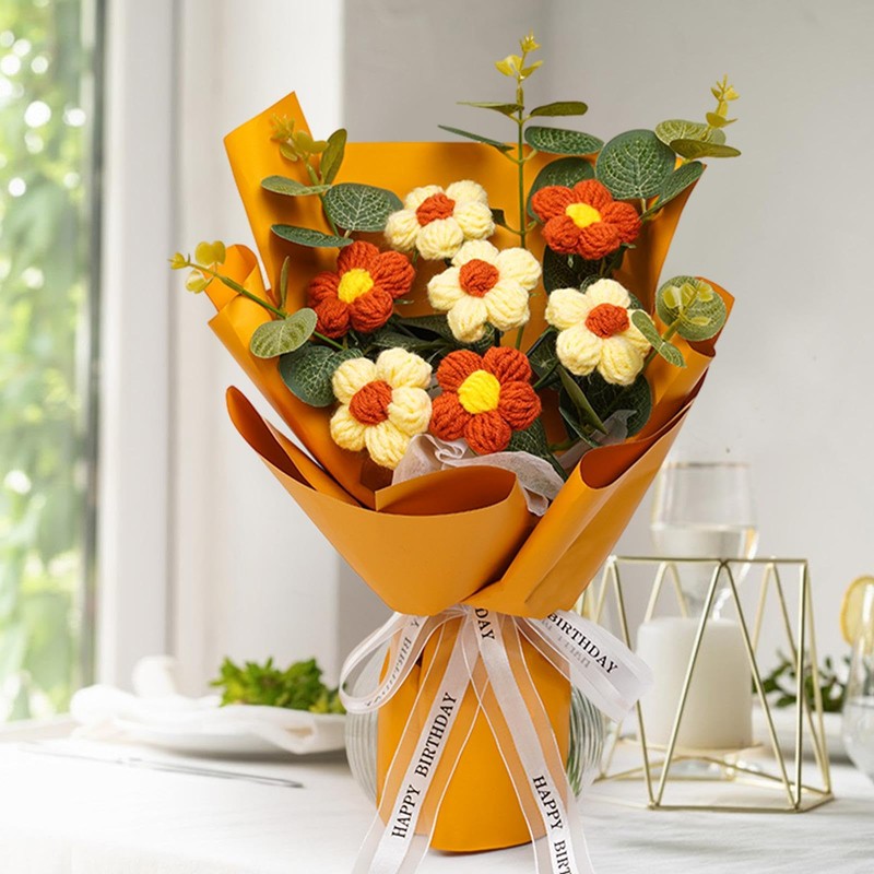 Fenteer Crochet Flower Bouquet Already Made Hand Woven Bouquet Mother