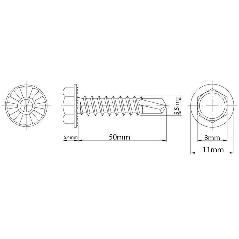 (5.5mm x 50mm) Self Drilling Screws Hexagon Serrated Washer Head