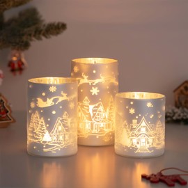 Hewory - Juego de 3 soportes decorativos para velas de Navidad, diseño de ciervos, decoración de Navidad, diseño de huracán y pilares, para chimenea, comedor