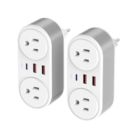 2 Pack European Travel Plug Adapter, CHUAFIUR US to Europe Plug Adapter with 2 Outlets 3 USB Charging Ports, PD 20W Fast Charger with Type C Travel Essentials to Most EU Spain Italy France Germany