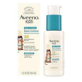 Aveeno Kids Loción facial hidratante diaria y protector solar mineral con SPF 30, hidratante facial enriquecido con avena para niños y protección solar de amplio espectro para pieles sensibles, hipoalergénico, 1.5 onzas líquidas