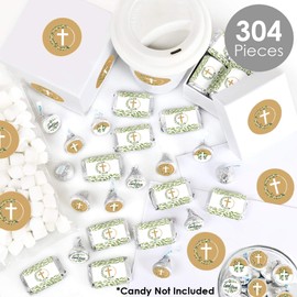 Big Dot of Happiness Elegant Cross - Mini Candy Bar Wrappers, Round Candy Stickers and Circle Stickers - Religious Party Candy Favor Sticker Kit - 304 Pieces