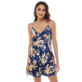 Escalier Womens 5pcs Silk Satin Pajama Set Cami Pjs Sleepwear Button Down Pj Sets Loungewear (Navy, Large)