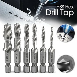 6X HSS Hex Shank Tap Drill Bits Metric Thread Screw Compound Tapping Set Tool with M3 to M10 Sizes, High-Speed Steel 4341, Ideal for Drilling and Tapping