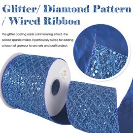 HUIHUANG Navy Blue Wired Christmas Ribbon 4 inch Navy Glitter Wired Ribbon Diamond Mesh Wire Ribbon for X-mas Tree Decorations, Wreaths, Garland, Large Bows Making, Home Decor -10 Yards