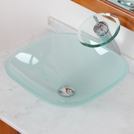 Bathroom Frosted Glass Vessel Sink & Chrome Waterfall Faucet Combo