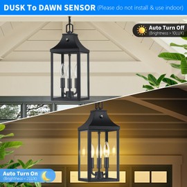 MYHXQ 15'' Large Outdoor Pendant Light Fixtures 3-Light, Dusk to Dawn Exterior Hanging Lantern Porch Light Adjustable, Black Hanging Lamp Farmhouse Exterior Chandelier Ceiling Mount for Patio, 1Pack