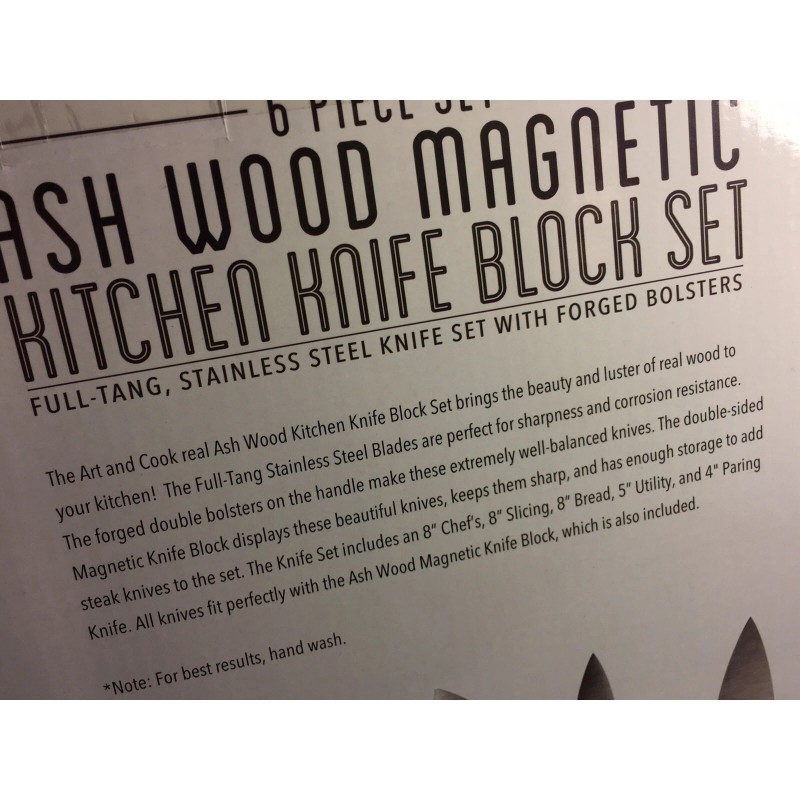 Art+Cook, 6-Piece Ash Wood Magnetic Stainless Steel Kitchen Knife Block